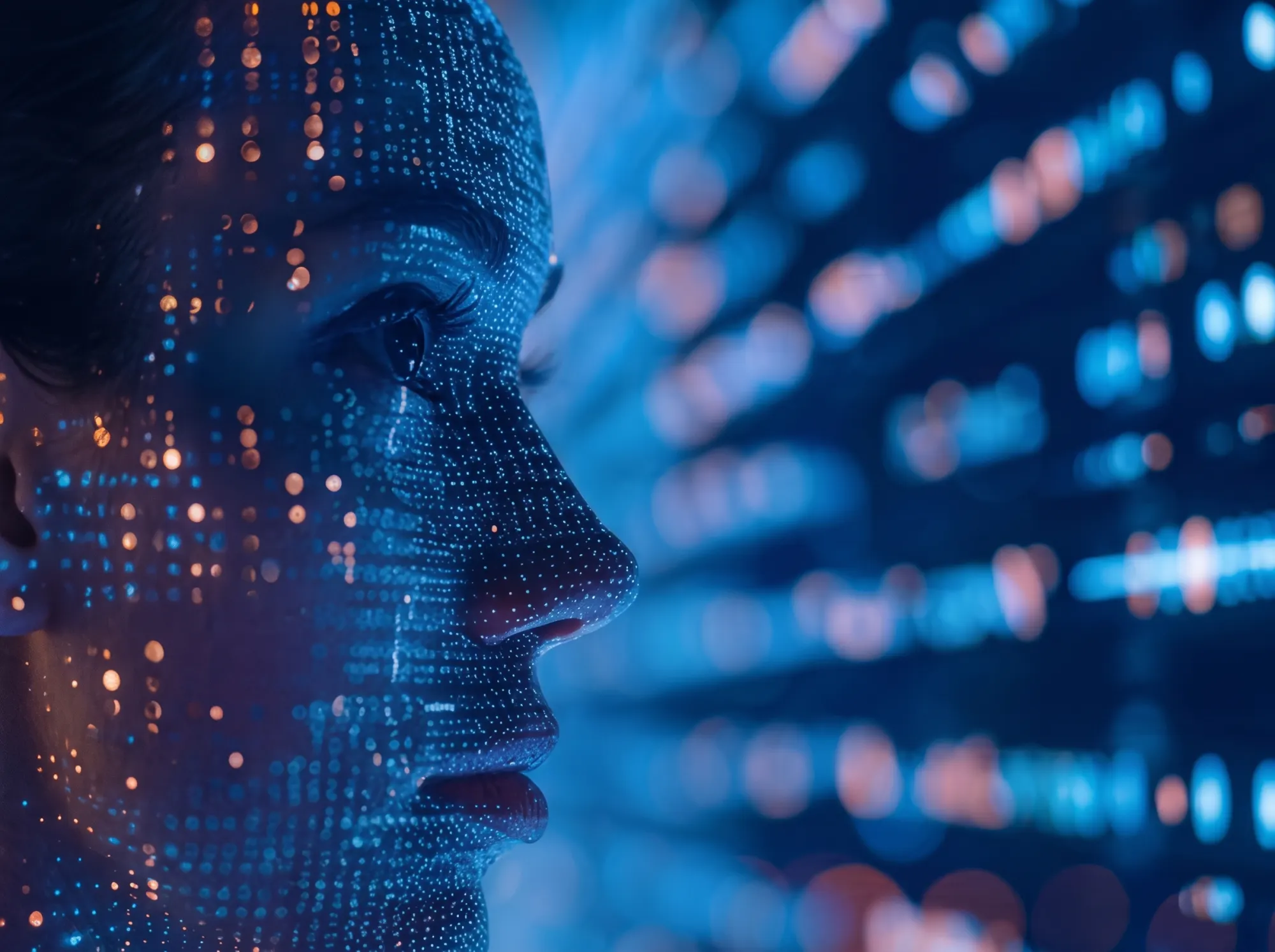 vrouw met technologie om haar heen