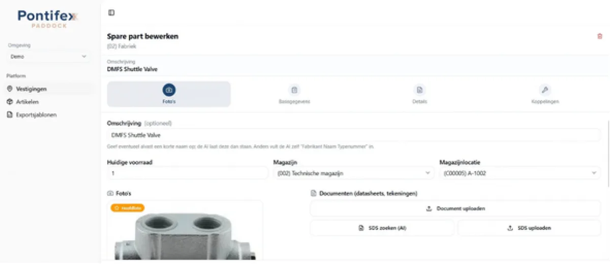 Spare part scanner menu scherm